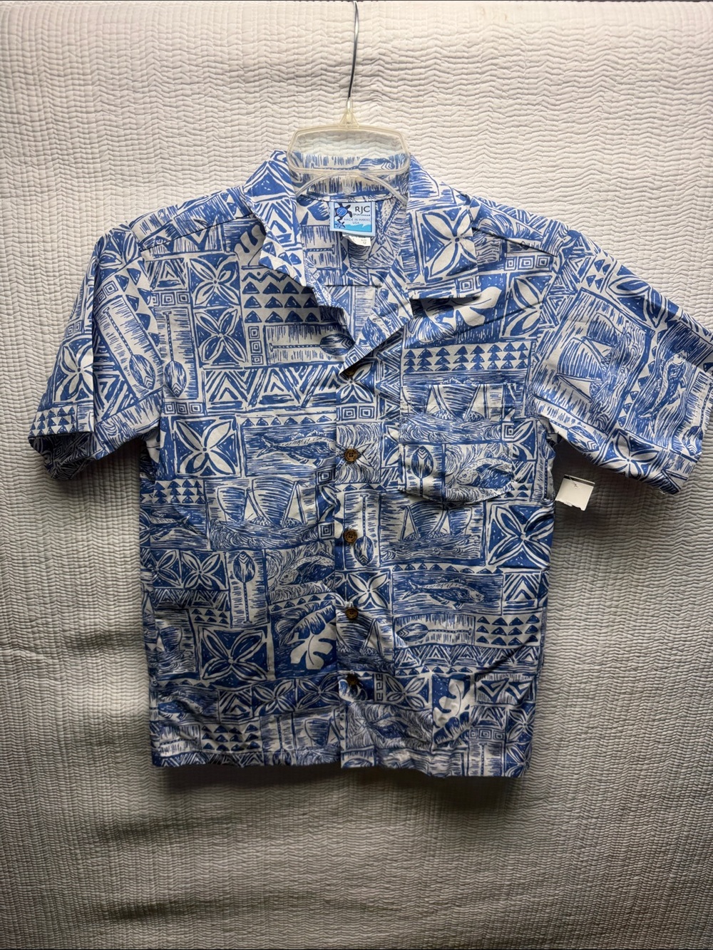 reyn spooner Blue & White Hawaiian Print Camp Shirt